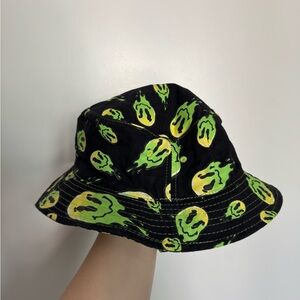 Black Bucket Hat with Green and Yellow smiley faces